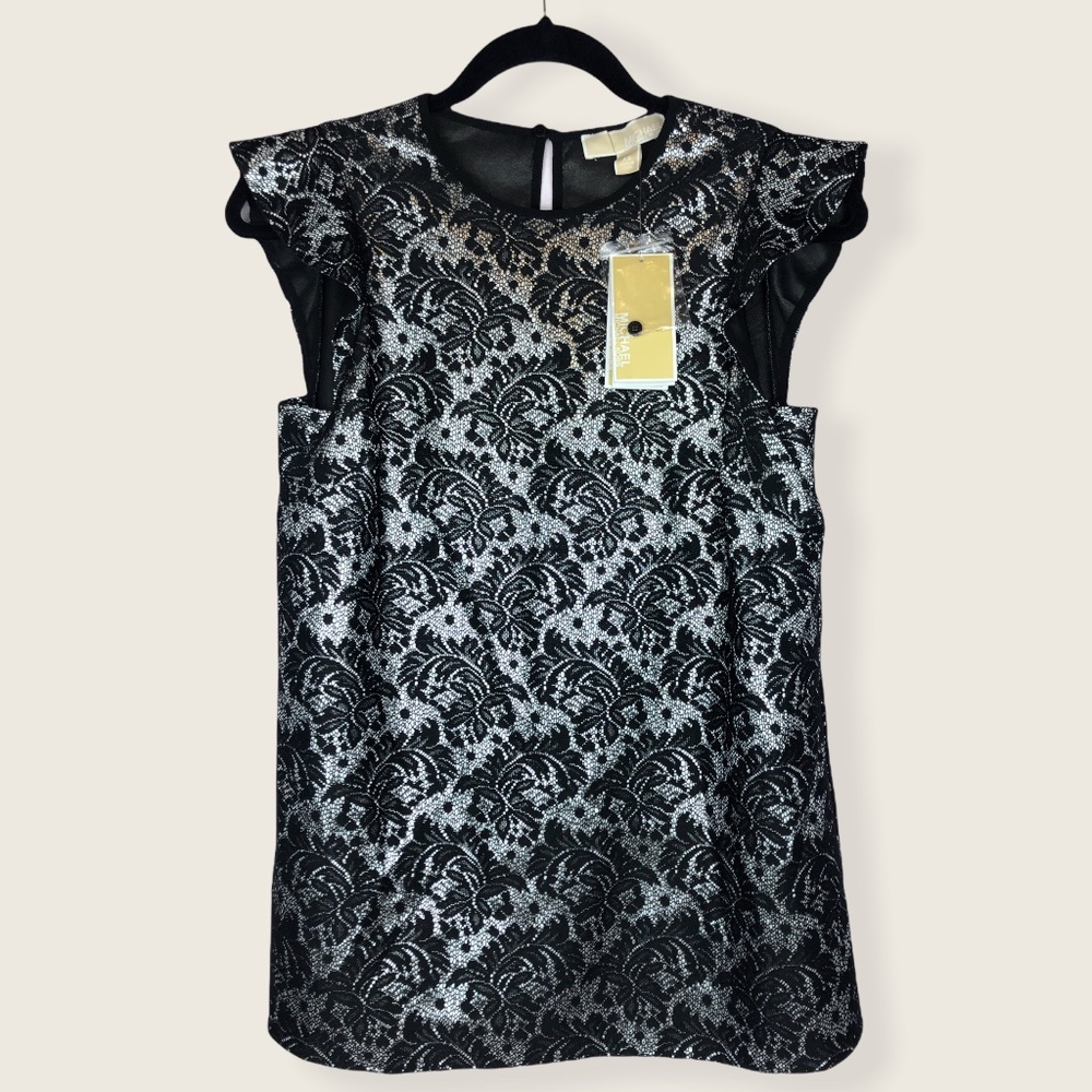 Michael Kors Metallic Lace Cap Sleeve Silver Black Blouse XSmall